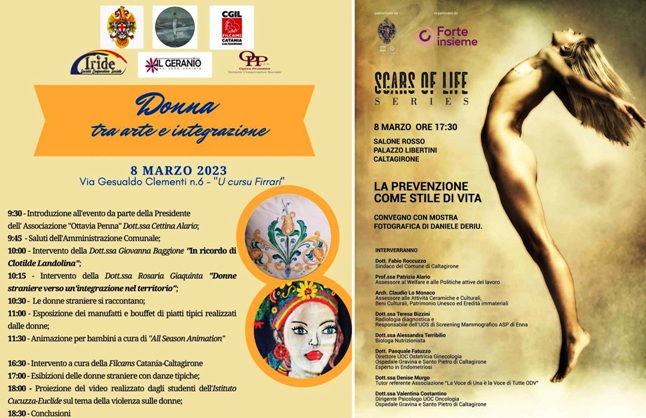 Caltagirone. Mercoledì 8 marzo, ore 9.30, “Donna tra arte e integrazione”; ore 17.30, Palazzo Libertini, convegno su prevenzione come stile di vita e mostra foto “Scars of life”